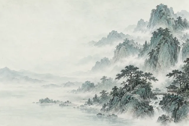 Misty mountains and a pavilion