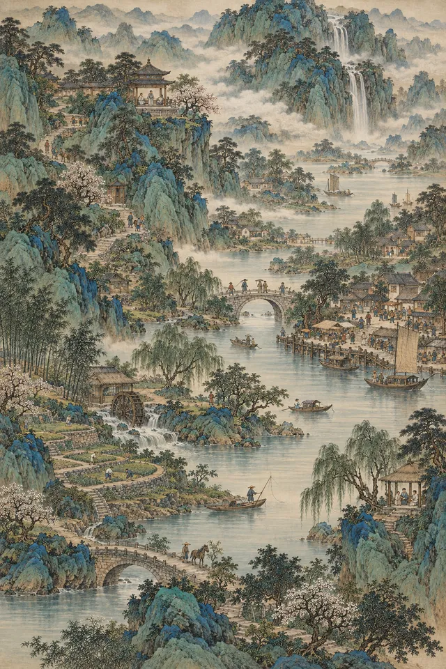Blue-green mountains and a riverside village